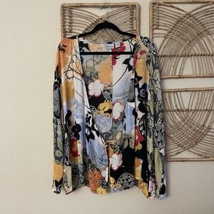 Chico's 100% Silk Kimono Cardigan Floral Asian Art To Wear Artsy Sz 2 B34